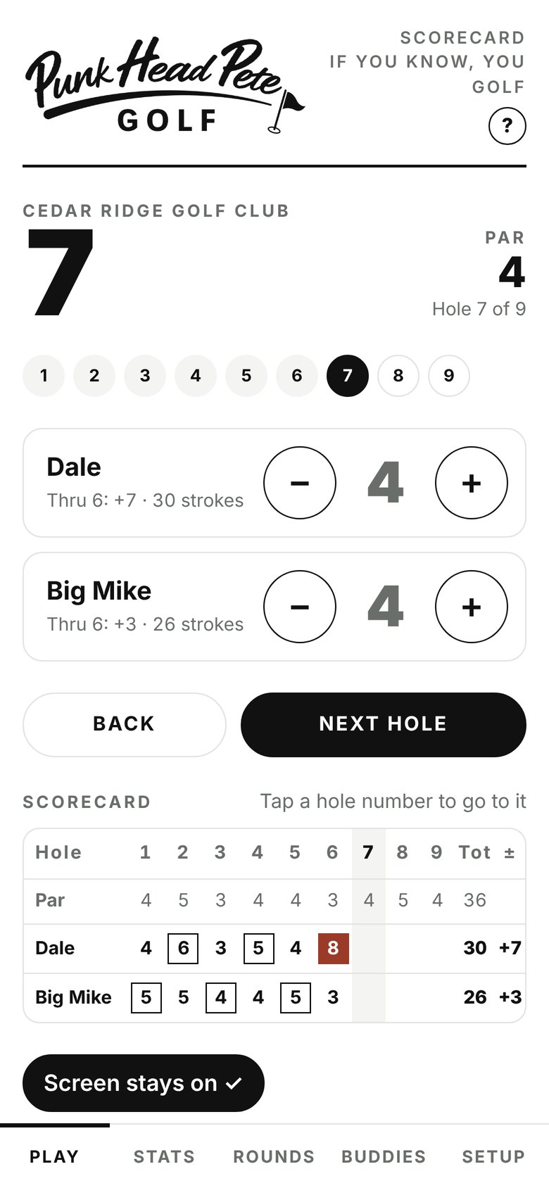 The Pete Scorecard during a round: hole 7, par 4, two golfers scoring, and the scorecard below with a snowman on hole 6