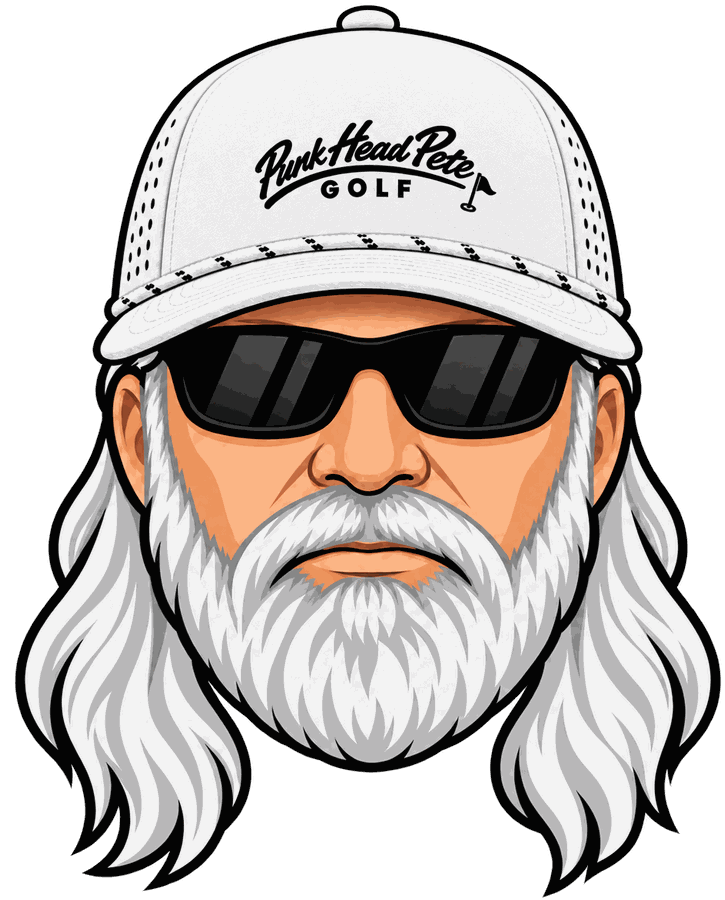 Punk Head Pete in a white Punk Head Pete Golf hat, black sunglasses and a long white beard